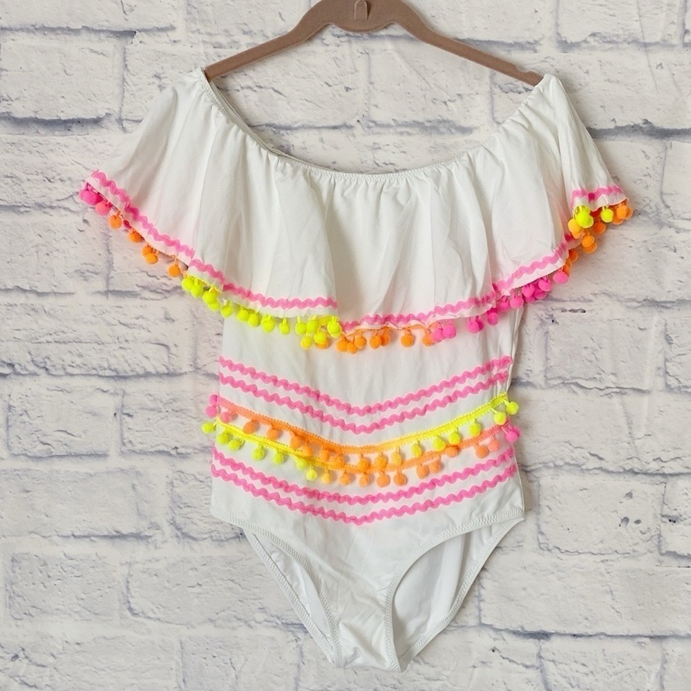 Stella Cove white off the shoulder pom pom swimsuit